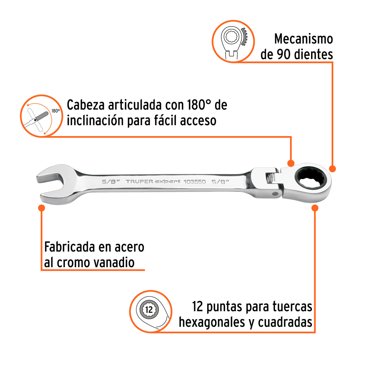 Llave combinada con matraca 5/8' flexible, EXPERT, Expert, SKU 103550 — vista 3