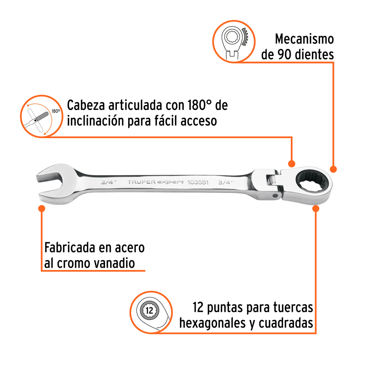 Llave combinada con matraca 3/4' flexible, EXPERT, Expert, SKU 103551 — vista 3
