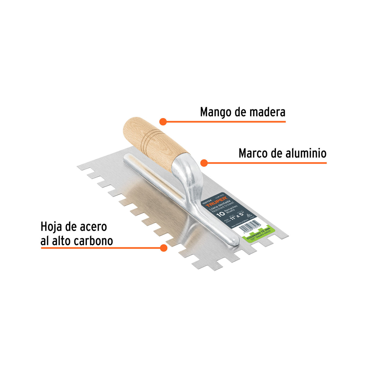 Llana 11' dentado cuadrado 1/2', 10 remaches, mango madera, Truper, SKU 102704 — vista 3