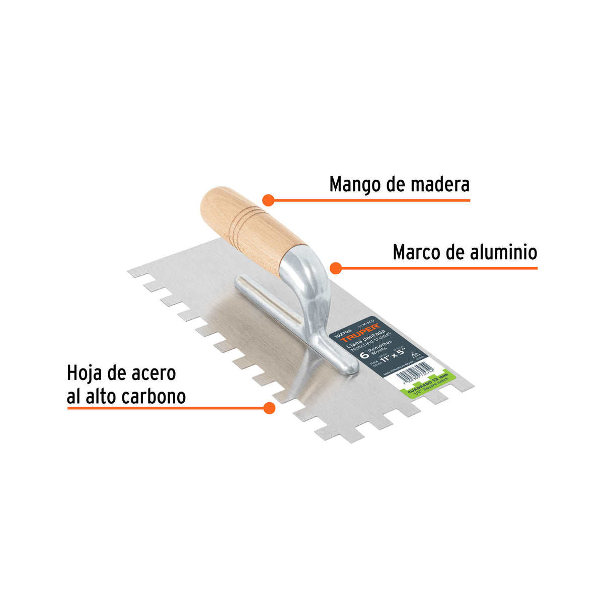 Llana 11' dentado cuadrado 1/2', 6 remaches, mango madera, Truper, SKU 102703 — vista 3