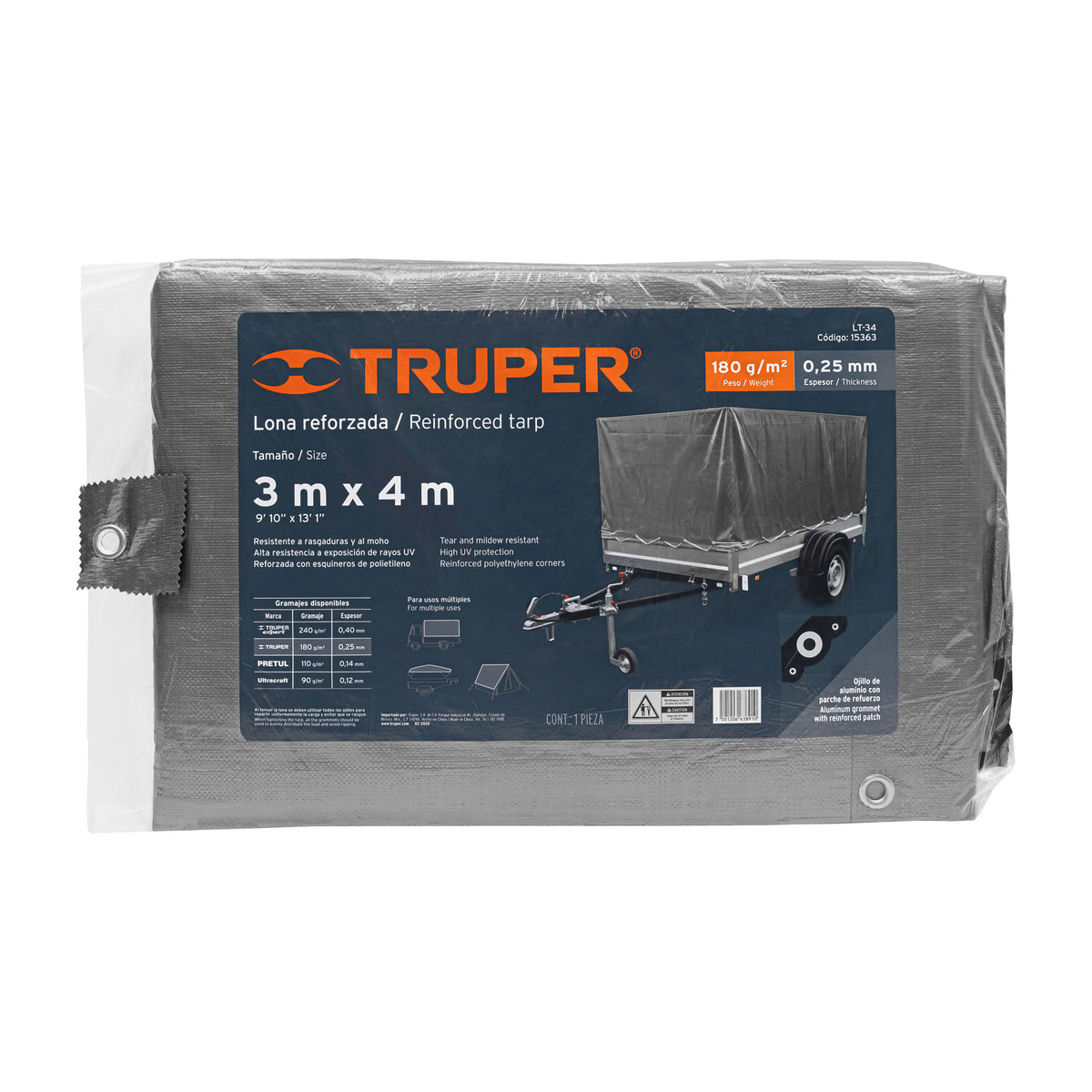 Lona de polietileno reforzada 3 x 4 m gris 180g/m2 TRUPER — foto oficial 2