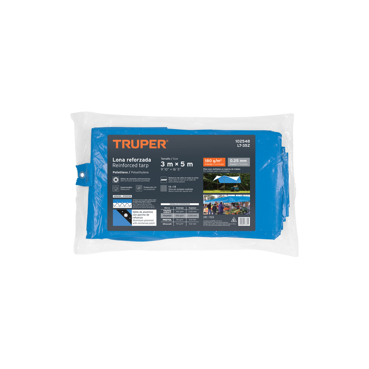 Lona de polietileno reforzada 3 x 5 m, azul, 180g/m2, TRUPER, Truper, SKU 102548 — vista 2