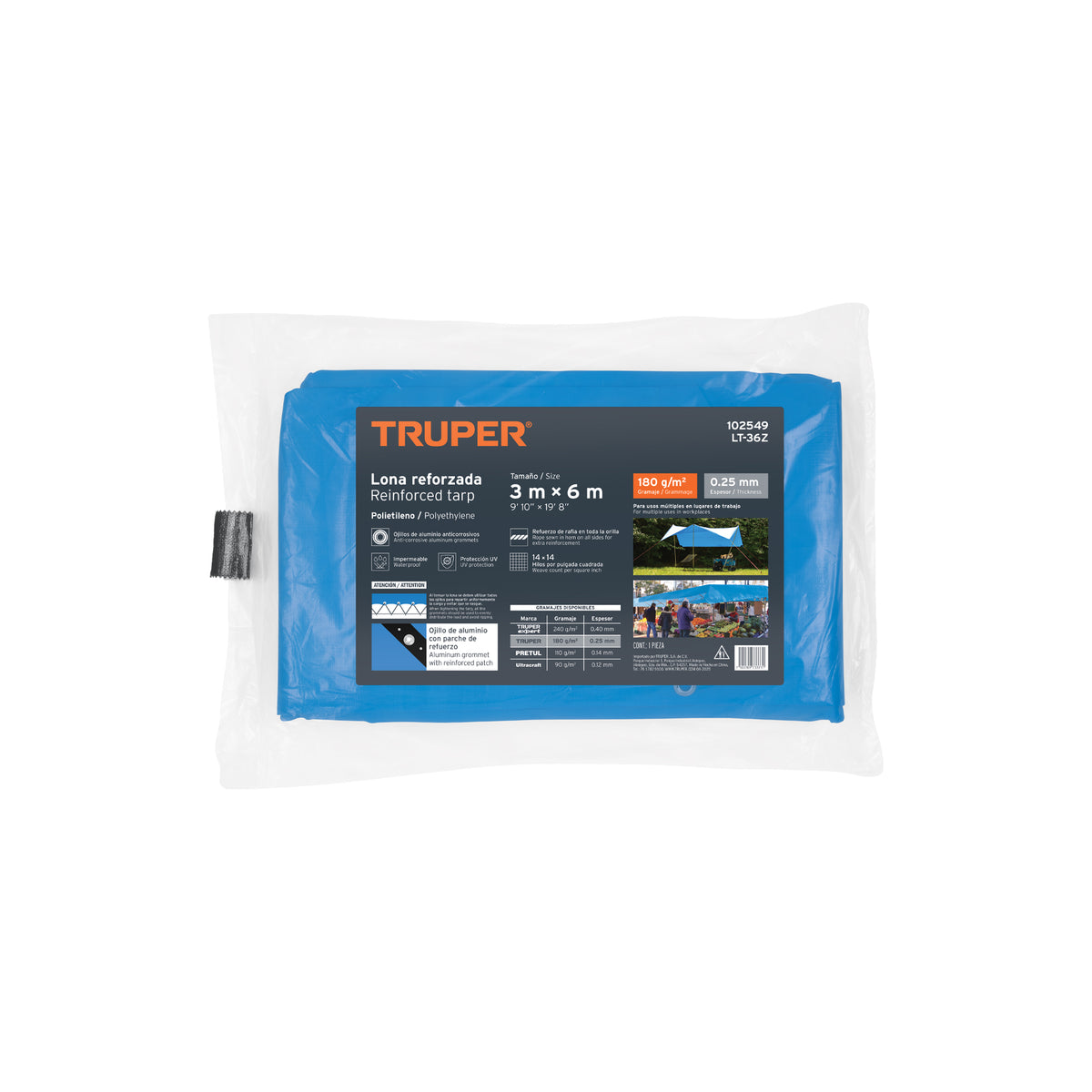 Lona de polietileno reforzada 3 x 6 m, azul, 180g/m2, TRUPER, Truper, SKU 102549 — vista 2