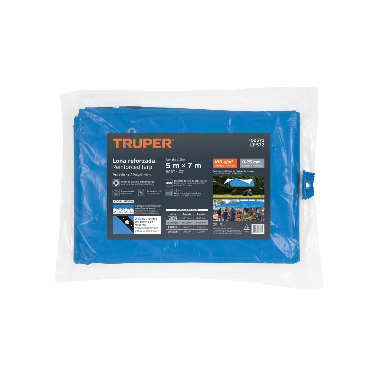 Lona de polietileno reforzada 5 x 7 m, azul, 180g/m2, TRUPER, Truper, SKU 102573 — vista 2
