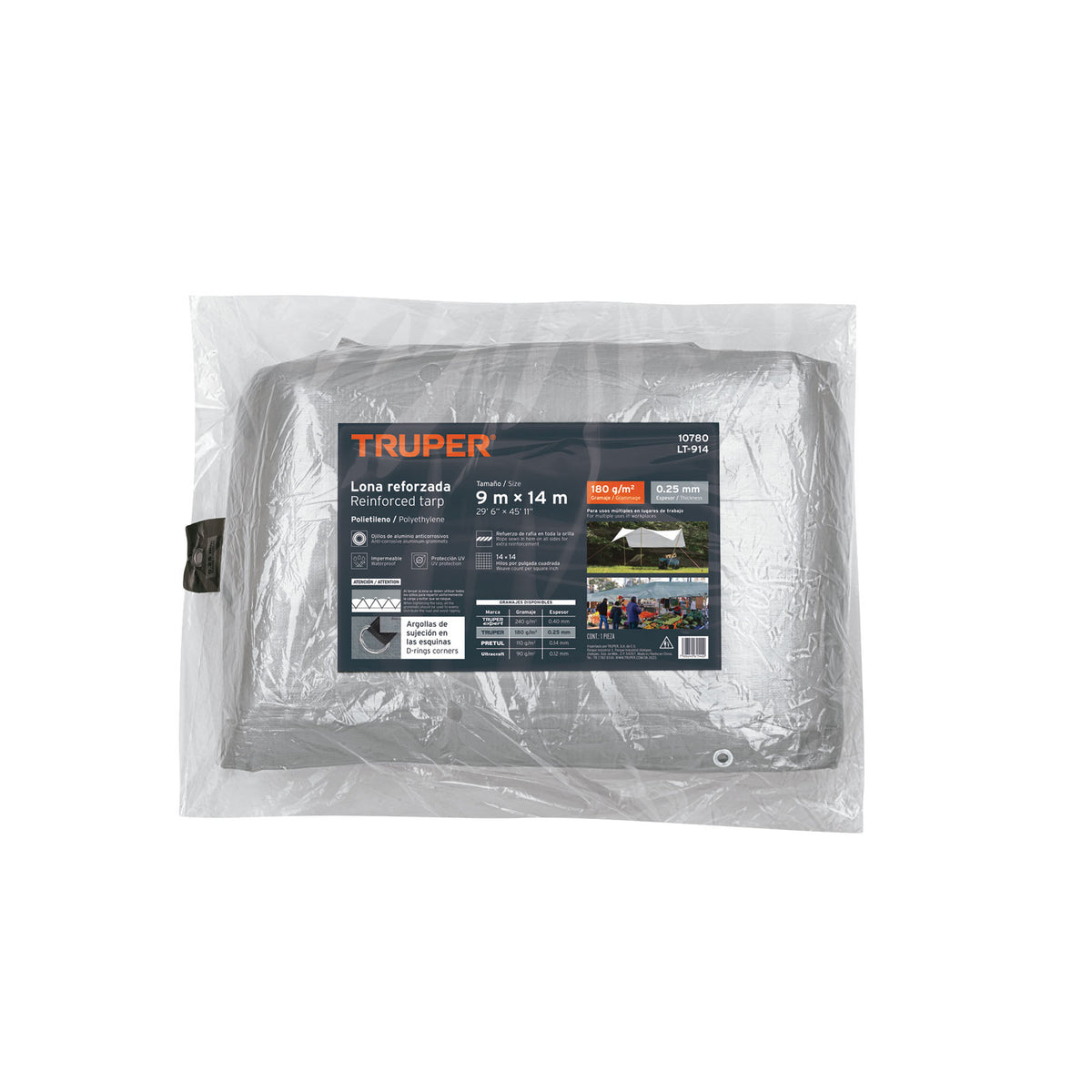 Lona de polietileno reforzada 9x14 m, gris, 180g/m2, TRUPER — foto oficial 2