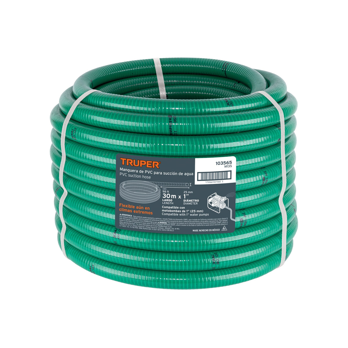 Manguera de succión y descarga 1' para motobomba, rollo 30m, Truper, SKU 103565