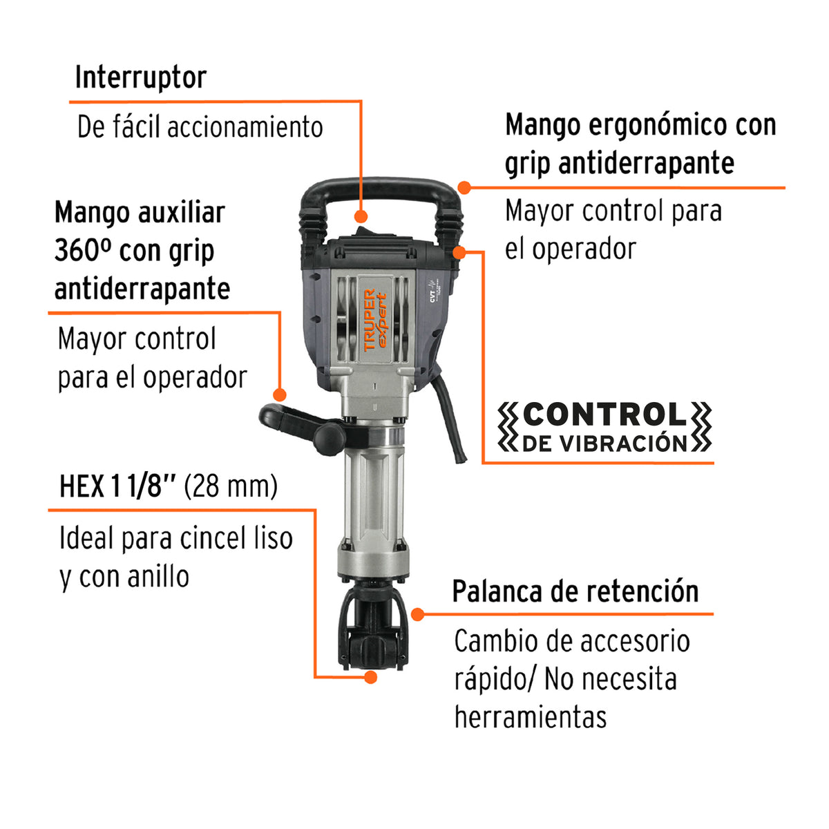 Martillo demoledor HEX 20 kg, 55J, 1600W, TRUPER EXPERT, Expert, SKU 100893 — vista 3