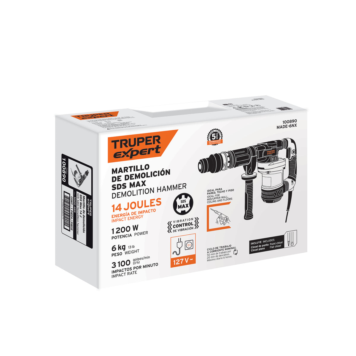 Martillo demoledor SDS Max 6kg, 14J, 1200W, TRUPER EXPERT, Expert, SKU 100890 — vista 2