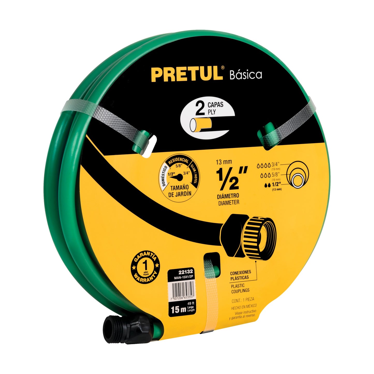 MANGUERA VERDE 1/2" 2 CAPAS 15M PRETUL 22132 MAN-15X1/2P