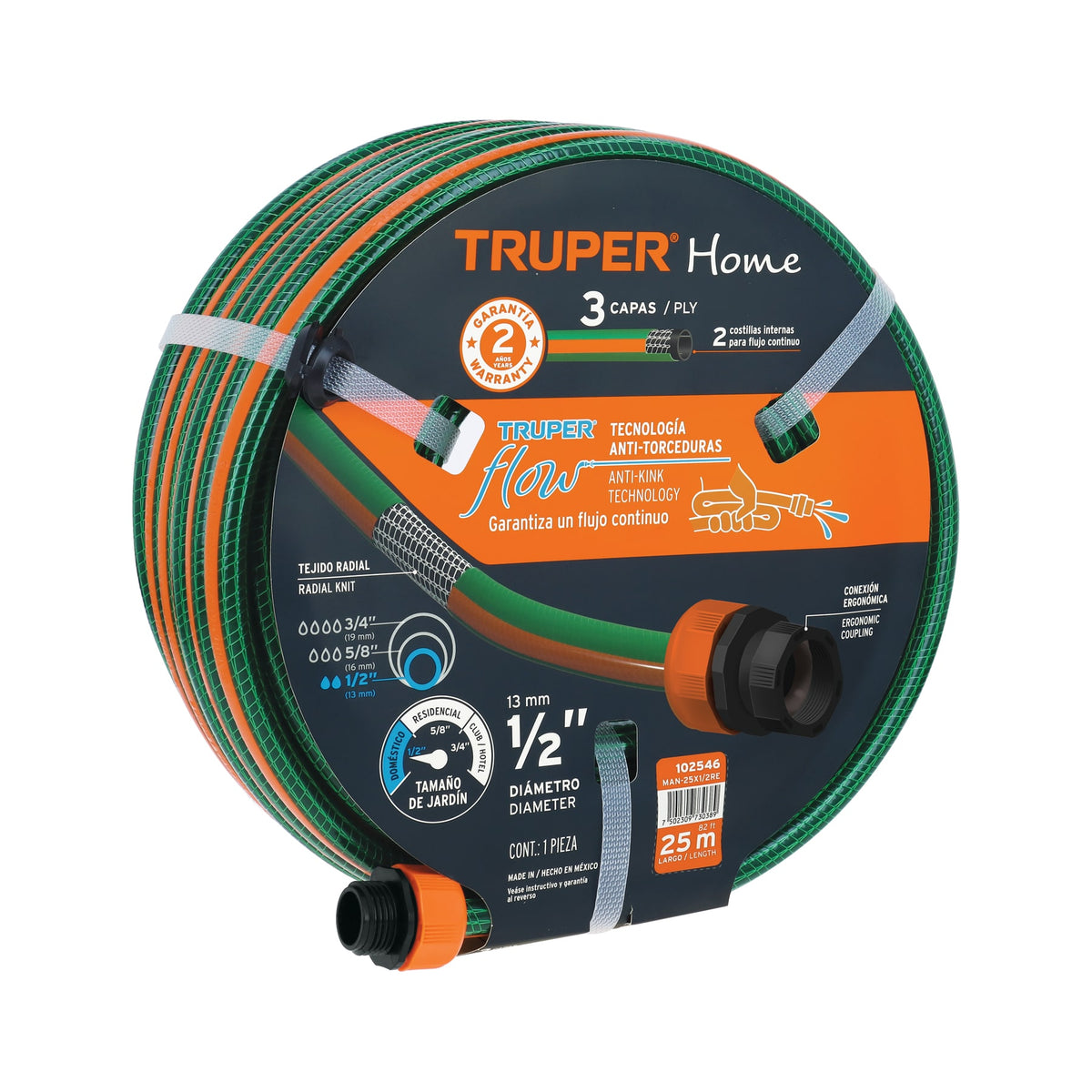 Manguera 1/2' reforzada 3 capas 25 m conexiones plásticas, Truper, SKU 102546