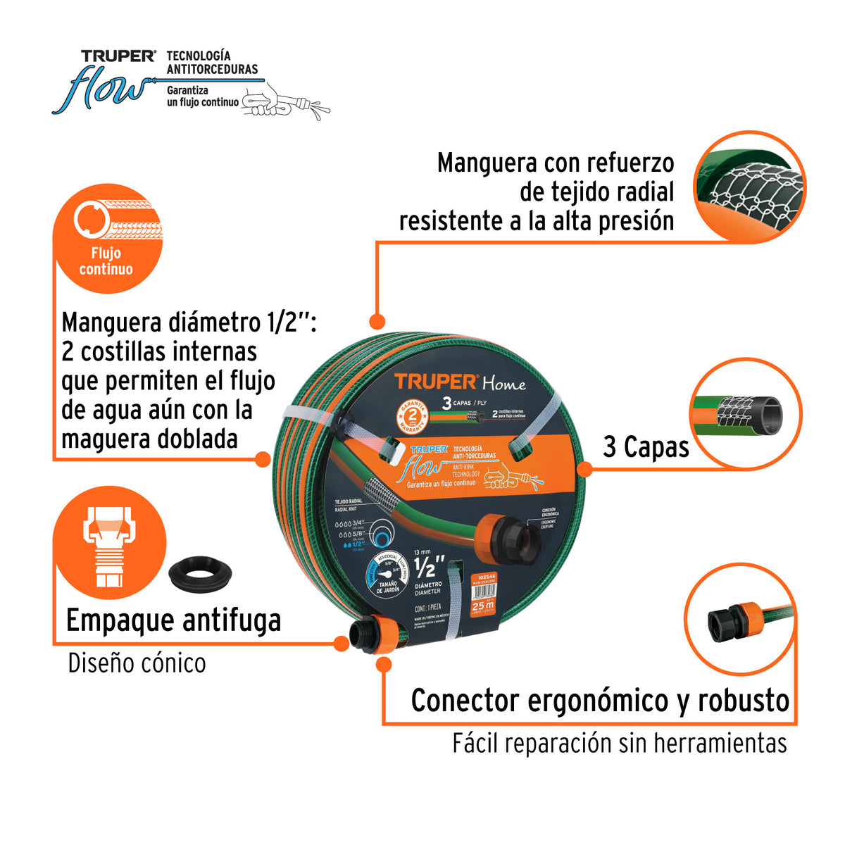 Manguera 1/2' reforzada 3 capas 25 m conexiones plásticas, Truper, SKU 102546 — vista 3