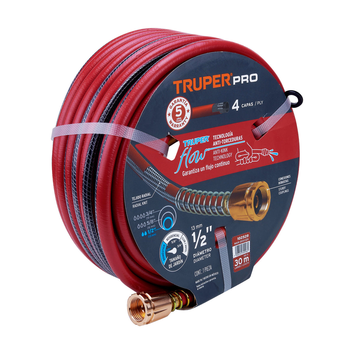 Manguera 1/2' super reforzada 4 capas 30 m conexiones metal, Truper, SKU 102528