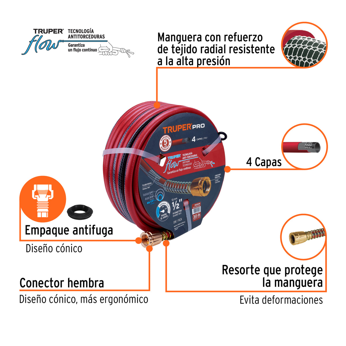 Manguera 1/2' super reforzada 4 capas 30 m conexiones metal, Truper, SKU 102528 — vista 3
