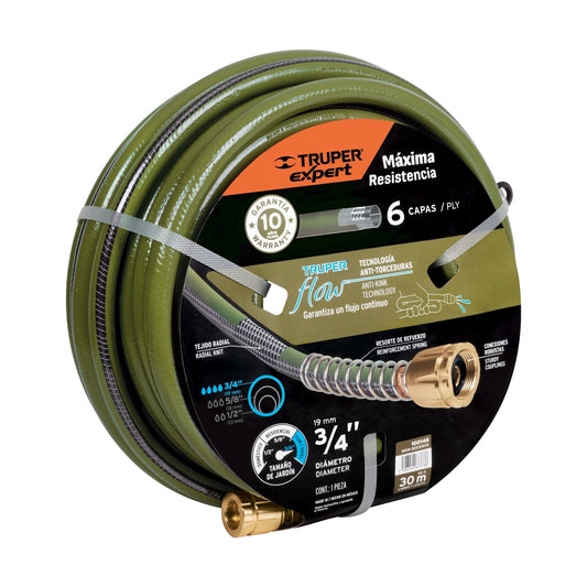 Manguera 3/4' anti-torceduras 6 capas 30m conexiones d/metal, Expert, SKU 100148
