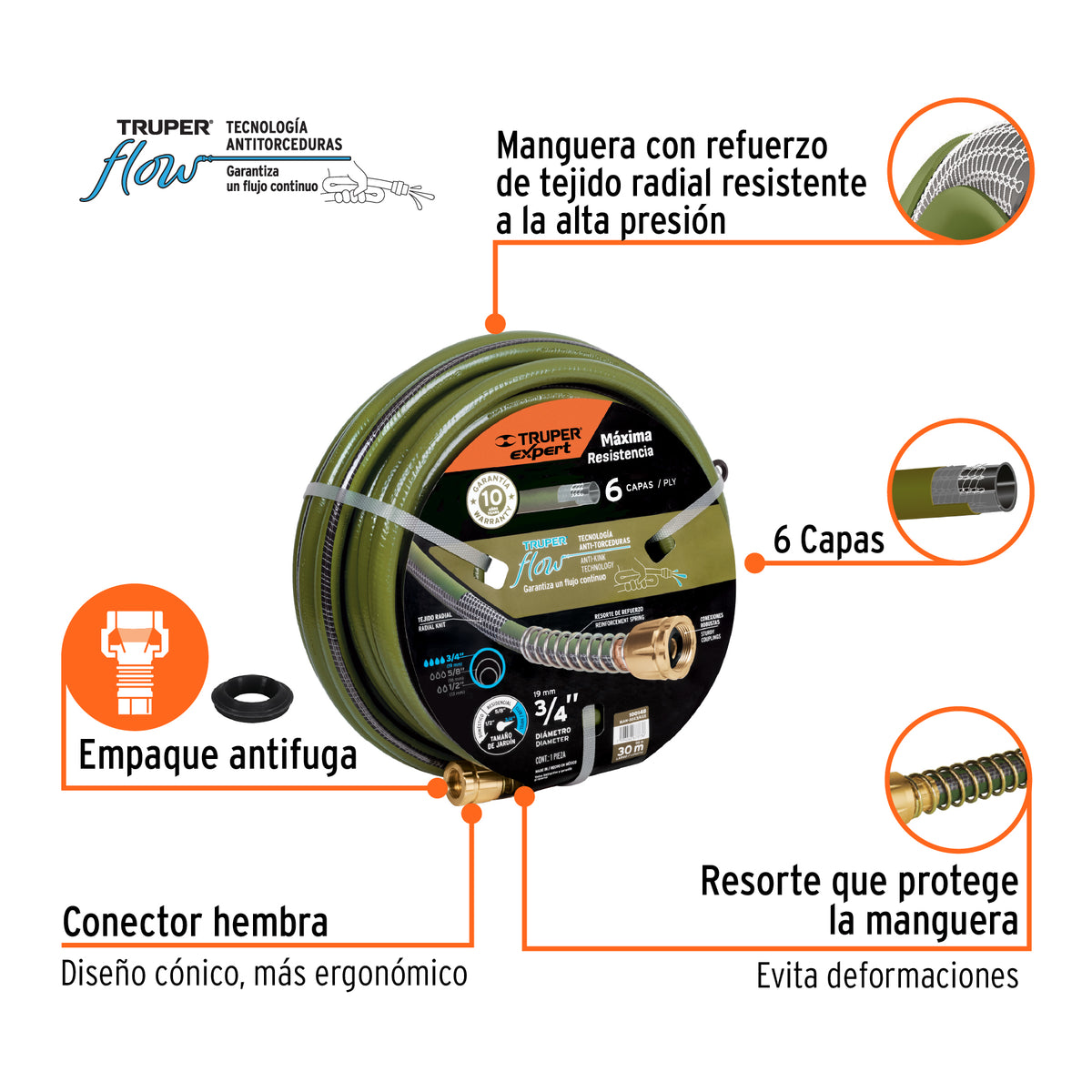 Manguera 3/4' anti-torceduras 6 capas 30m conexiones d/metal, Expert, SKU 100148 — vista 4