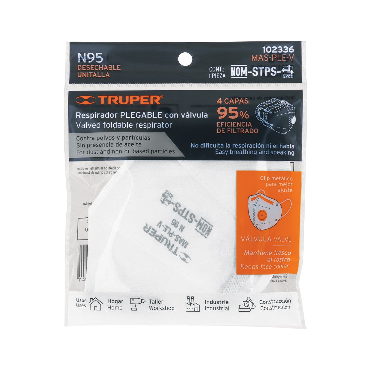 Respirador plegable N95 con válvula para partículas, TRUPER, Truper, SKU 102336 — vista 2