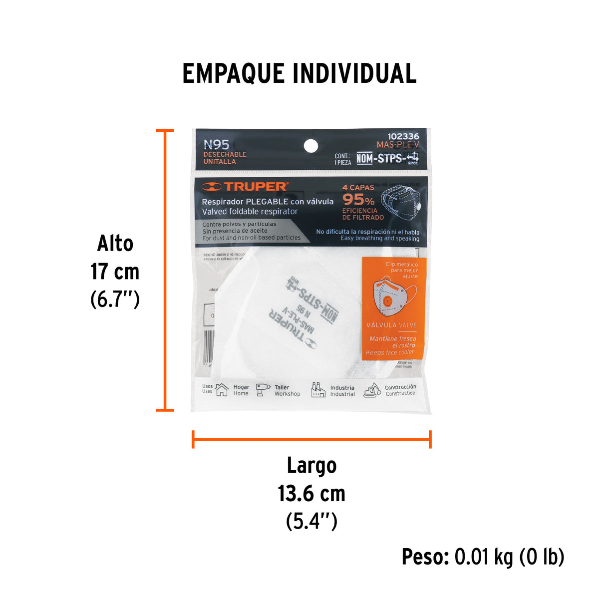 Respirador plegable N95 con válvula para partículas, TRUPER, Truper, SKU 102336 — vista 5