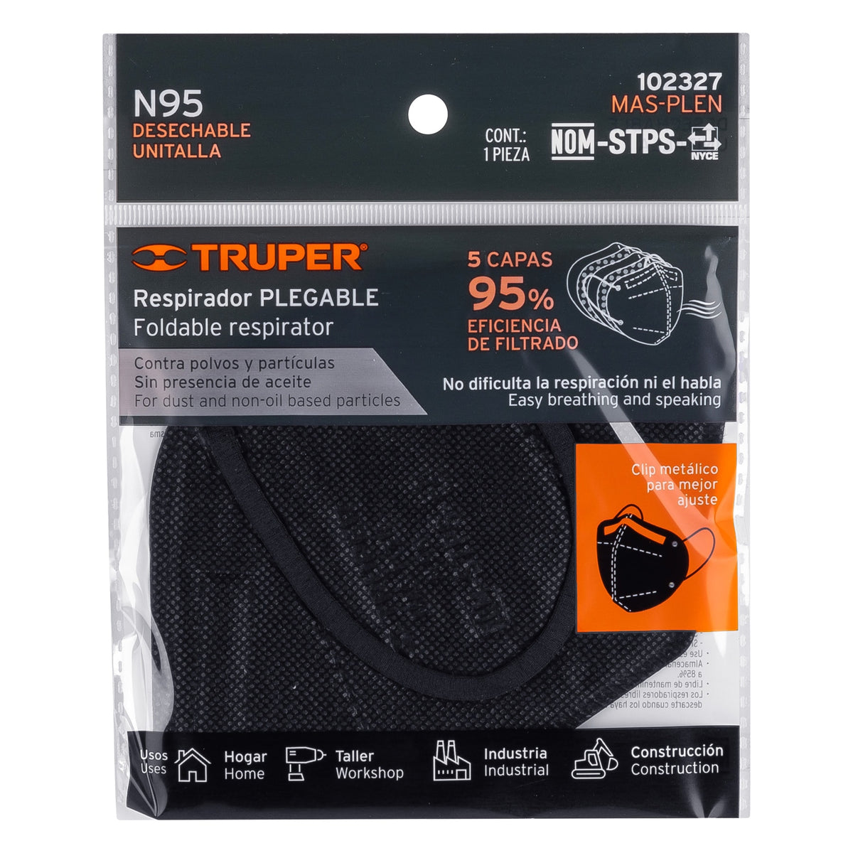 Respirador plegable N95 negro para polvos y partículas, Truper, SKU 102327 — vista 2