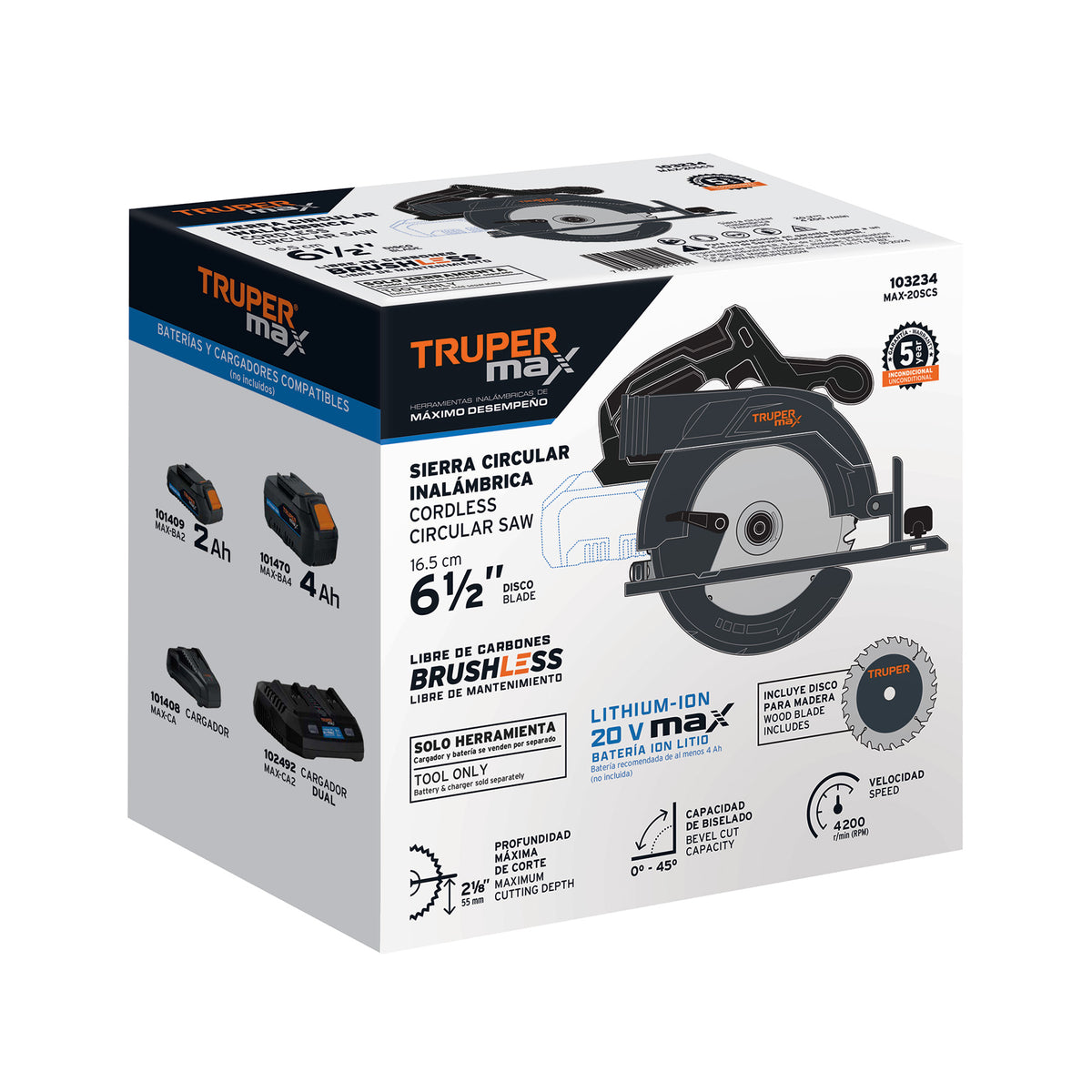 Sierra circular 6-1/2', 20V, s/accesorios, TRUPER MAX — foto oficial 2