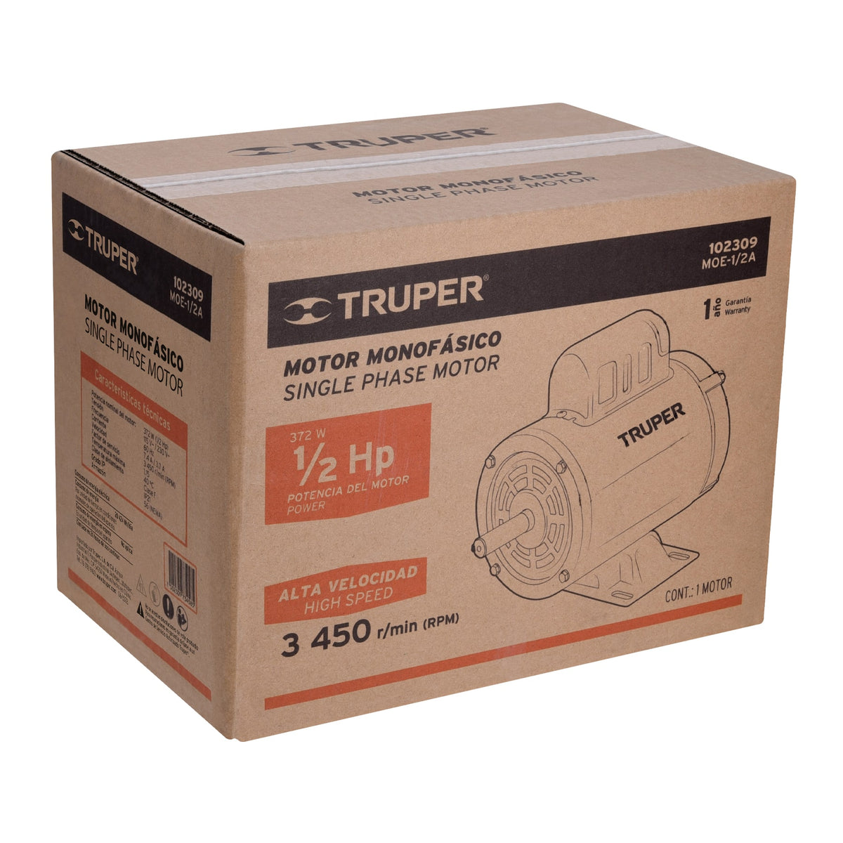 Motor eléctrico monofásico de 1/2 HP, alta velocidad, TRUPER — foto oficial 2