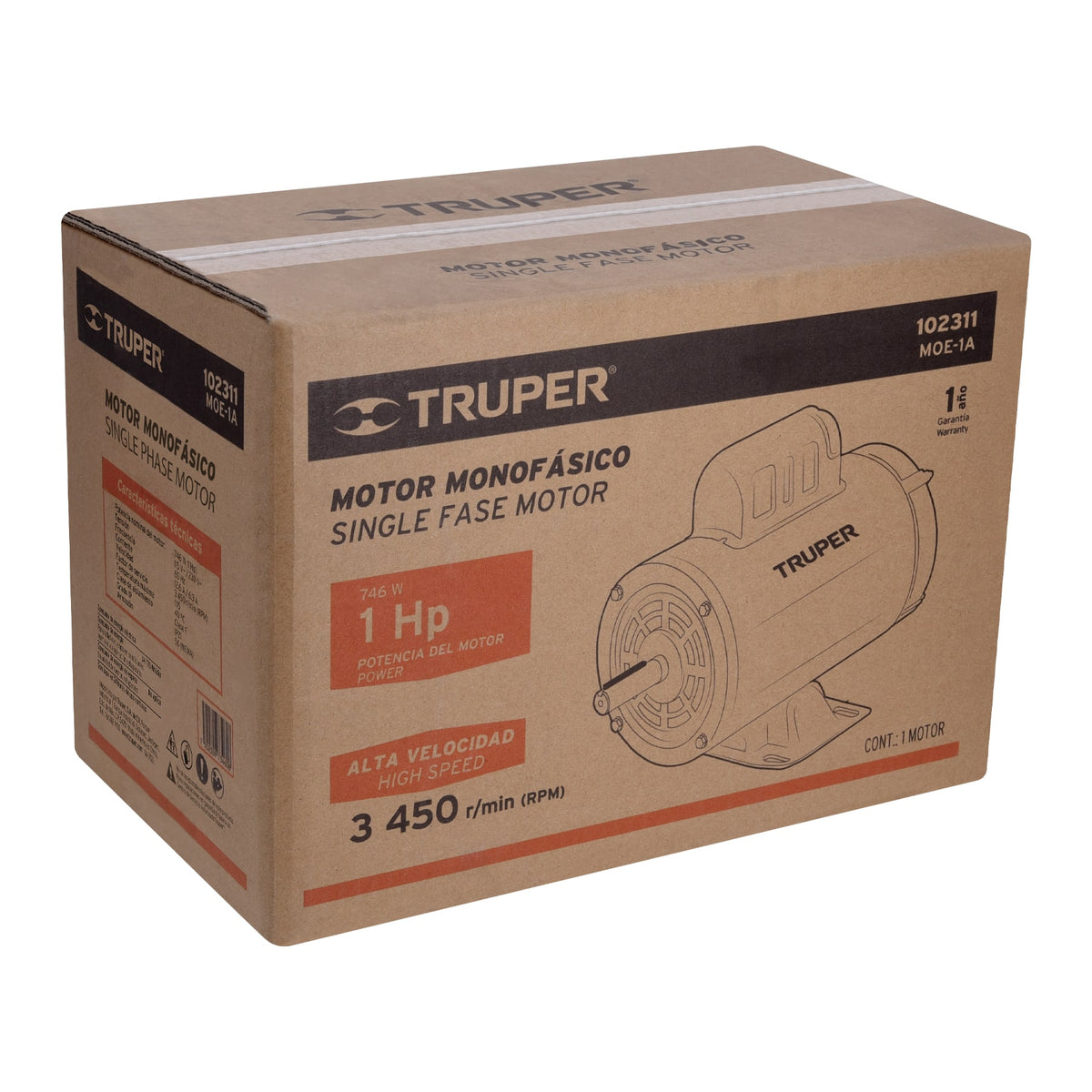 Motor eléctrico monofásico de 1 HP, alta velocidad, TRUPER, Truper, SKU 102311 — vista 2