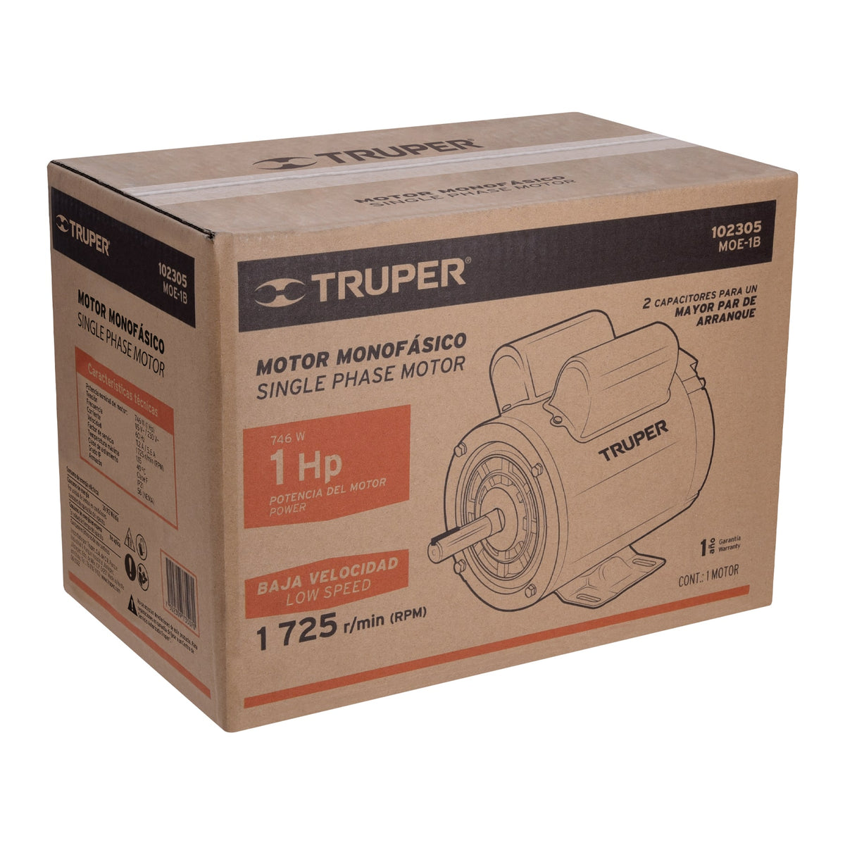 Motor eléctrico monofásico de 1 HP, baja velocidad, TRUPER, Truper, SKU 102305 — vista 2