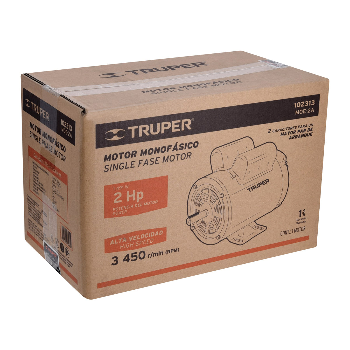 Motor eléctrico monofásico de 2 HP, alta velocidad, TRUPER, Truper, SKU 102313 — vista 2