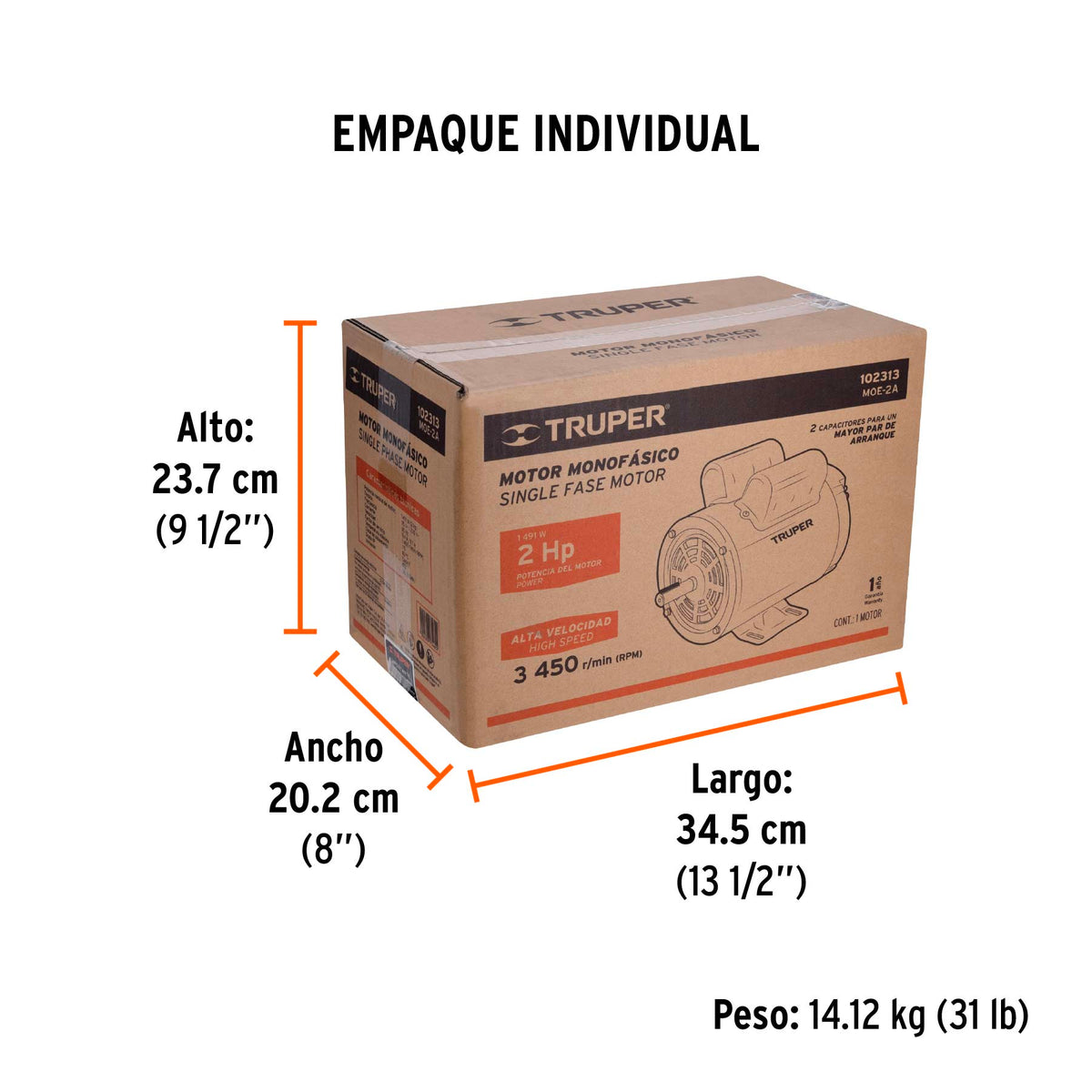 Motor eléctrico monofásico de 2 HP, alta velocidad, TRUPER, Truper, SKU 102313 — vista 5