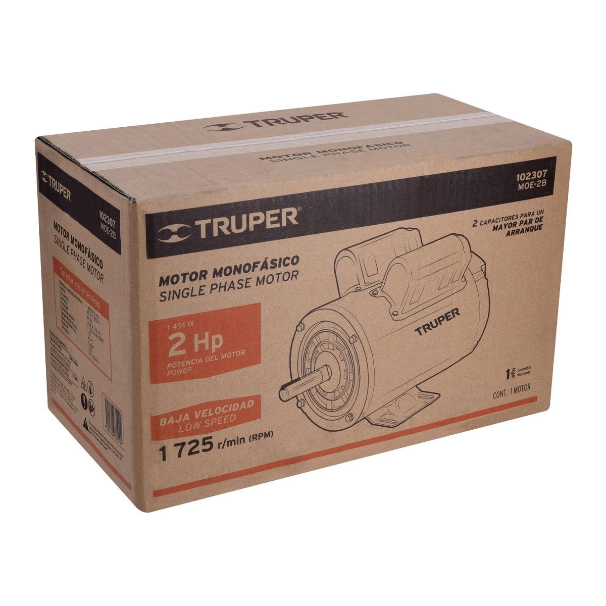 Motor eléctrico monofásico de 2 HP, baja velocidad, TRUPER, Truper, SKU 102307 — vista 2