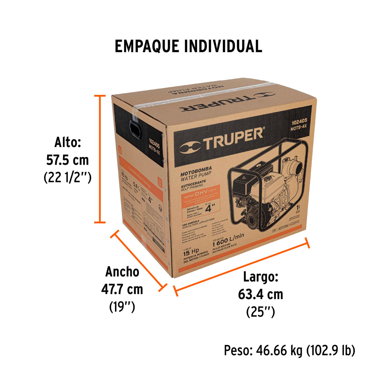 Motobomba autocebante 4'x4', gasolina 15HP, agrícola, TRUPER, Truper, SKU 102405 — vista 5