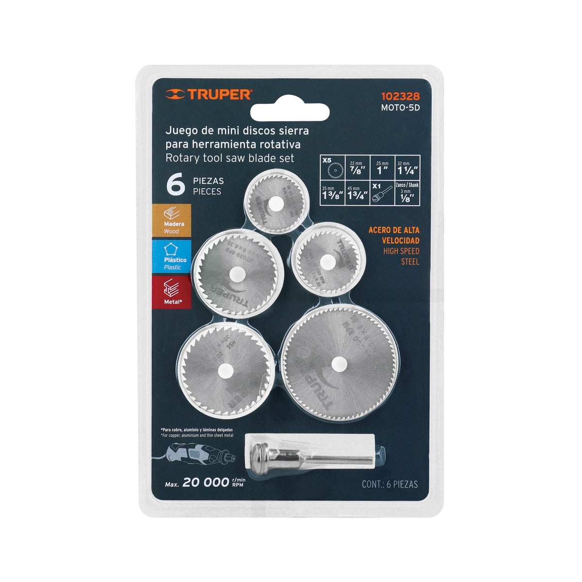 Kit de minidiscos sierra para herramienta rotativa, 6 piezas, Truper, SKU 102328 — vista 2