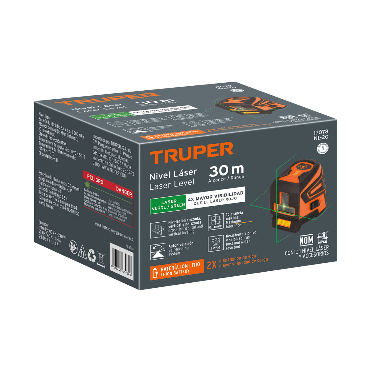 Nivel láser verde alcance 30 m recargable TRUPER — foto oficial 2