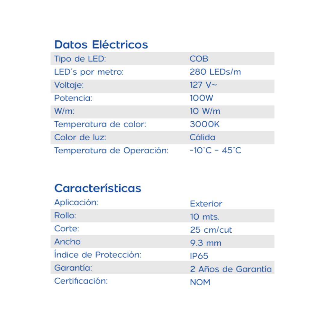 ROLLO 10M TIRA LED COB ST288 100W 30K LUZ CÁLIDA TECNOLED ML-STCOB288-127BC-IP65 EXTERIOR
