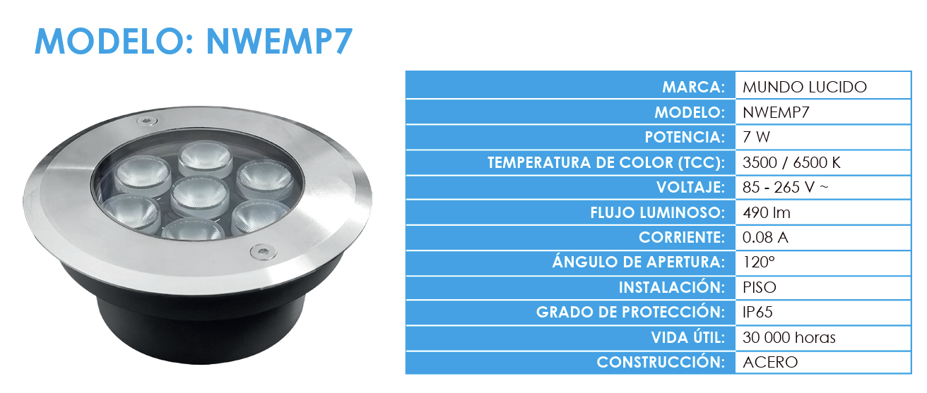 SPOT EMPOTRADO DE PISO 7W LUZ CALIDA 7X1 35K NWEMP7C