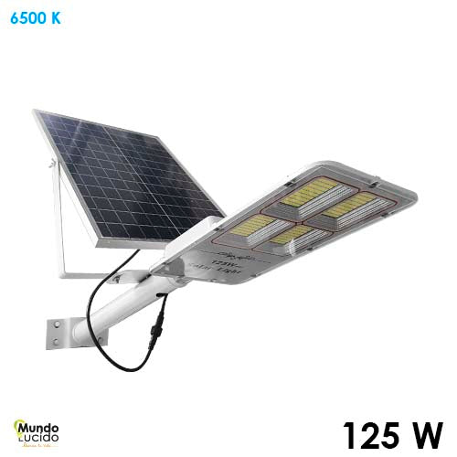 STREET LIGHT LED SOLAR INCLINADO CON BRAZO Y PANEL LAMPARA Y HERRAJES 125W 6VDC 65K IP65