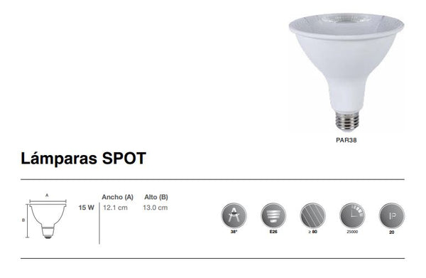 LAMPARA LED PAR38 15W 6500K 100-265V E27 CUELLO LARGO ICON PAR3815W65KMVLN LUZ FRIALL