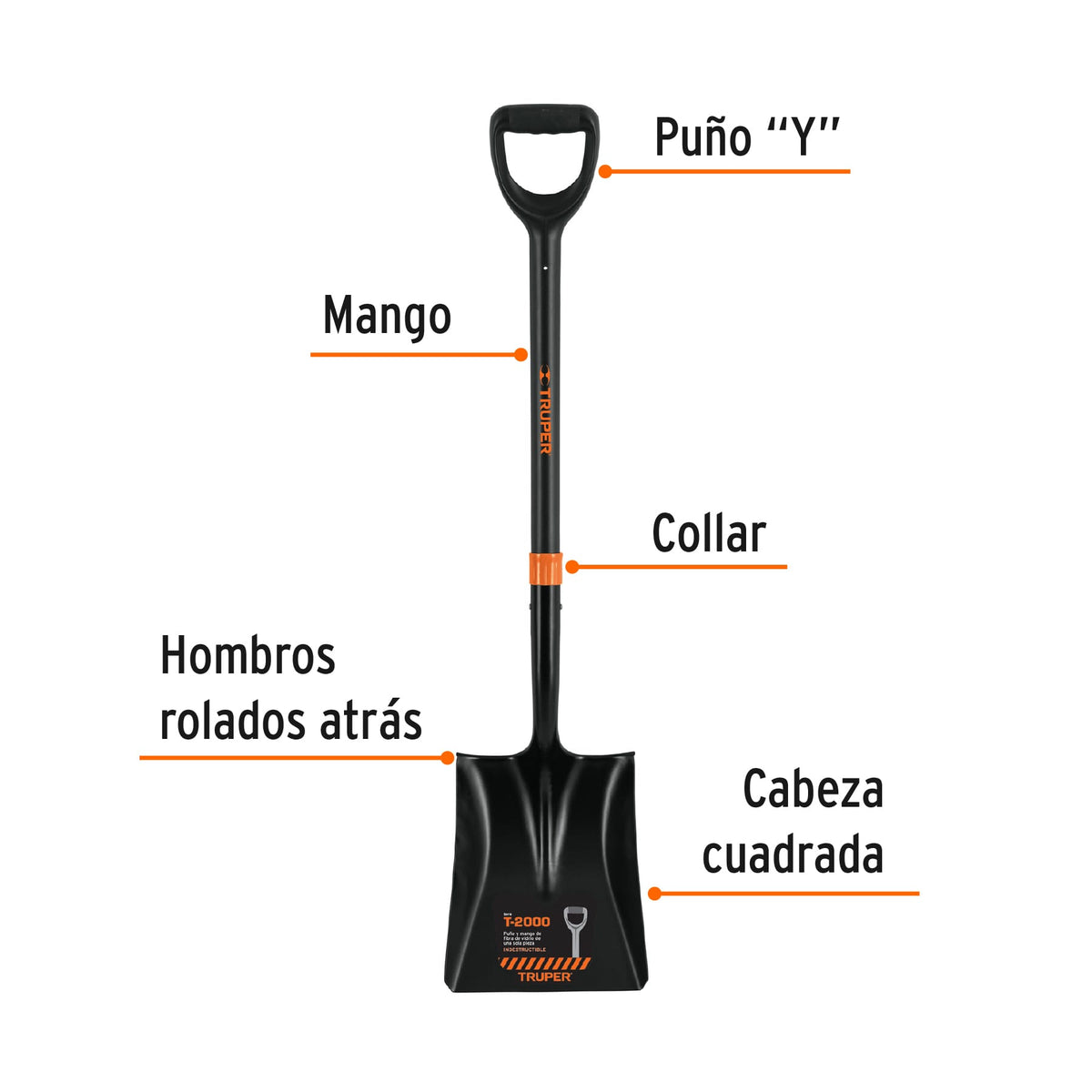 Pala cuadrada T-2000, puño 'Y' mango fibra de vidrio, TRUPER, Truper, SKU 102457 — vista 3