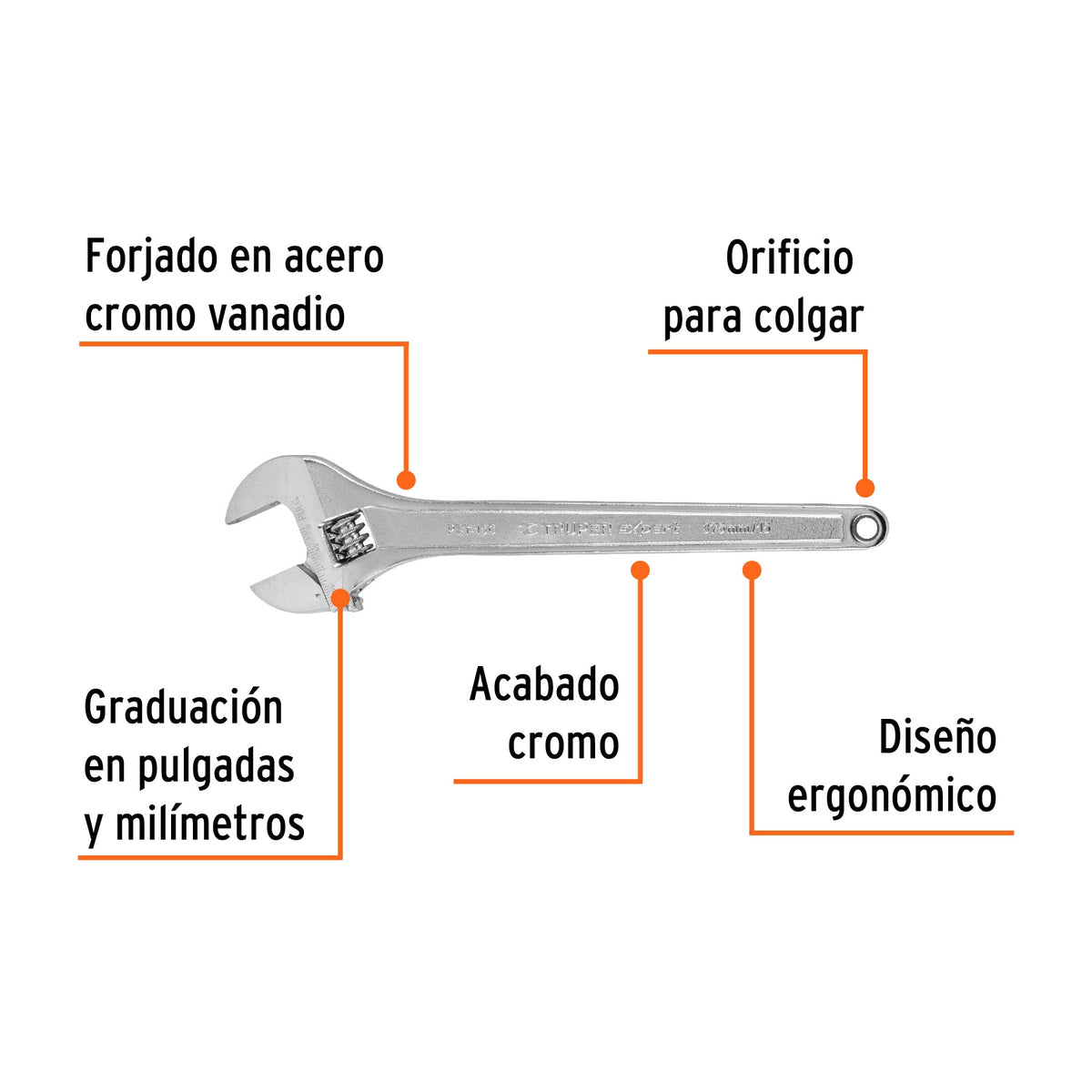 Llave ajustable (perico) 15 pulgadas profesional cromada Expert, SKU 100049 — vista 3