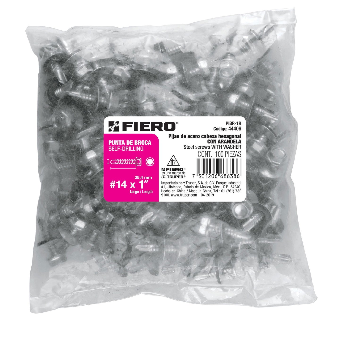 BOLSA 100 PIJAS PUNTA DE BROCA HEXAGONAL CON RONDANA 14 X 1 FIERRO 44406 PIBR-1R