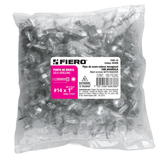 BOLSA 100 PIJAS PUNTA DE BROCA HEXAGONAL CON RONDANA 14 X 1 FIERRO 44406 PIBR-1R