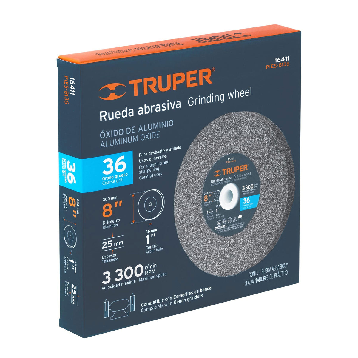 Rueda abrasiva p/esmeril 8'x25mm óxido aluminio grano 36 — foto oficial 2