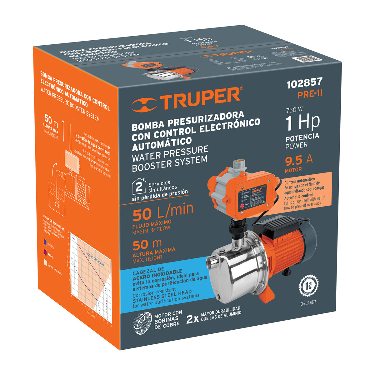 Bomba presurizadora jet acero 1 HP con control, TRUPER, Truper, SKU 102857 — vista 2
