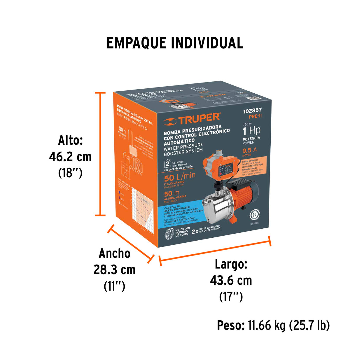 Bomba presurizadora jet acero 1 HP con control, TRUPER, Truper, SKU 102857 — vista 5