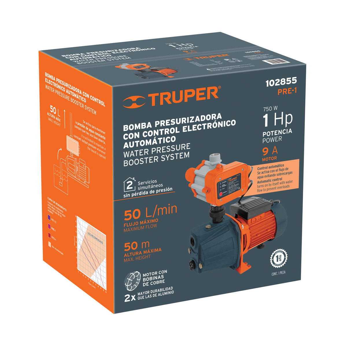 Bomba presurizadora jet hierro 1 HP con control, TRUPER — foto oficial 2