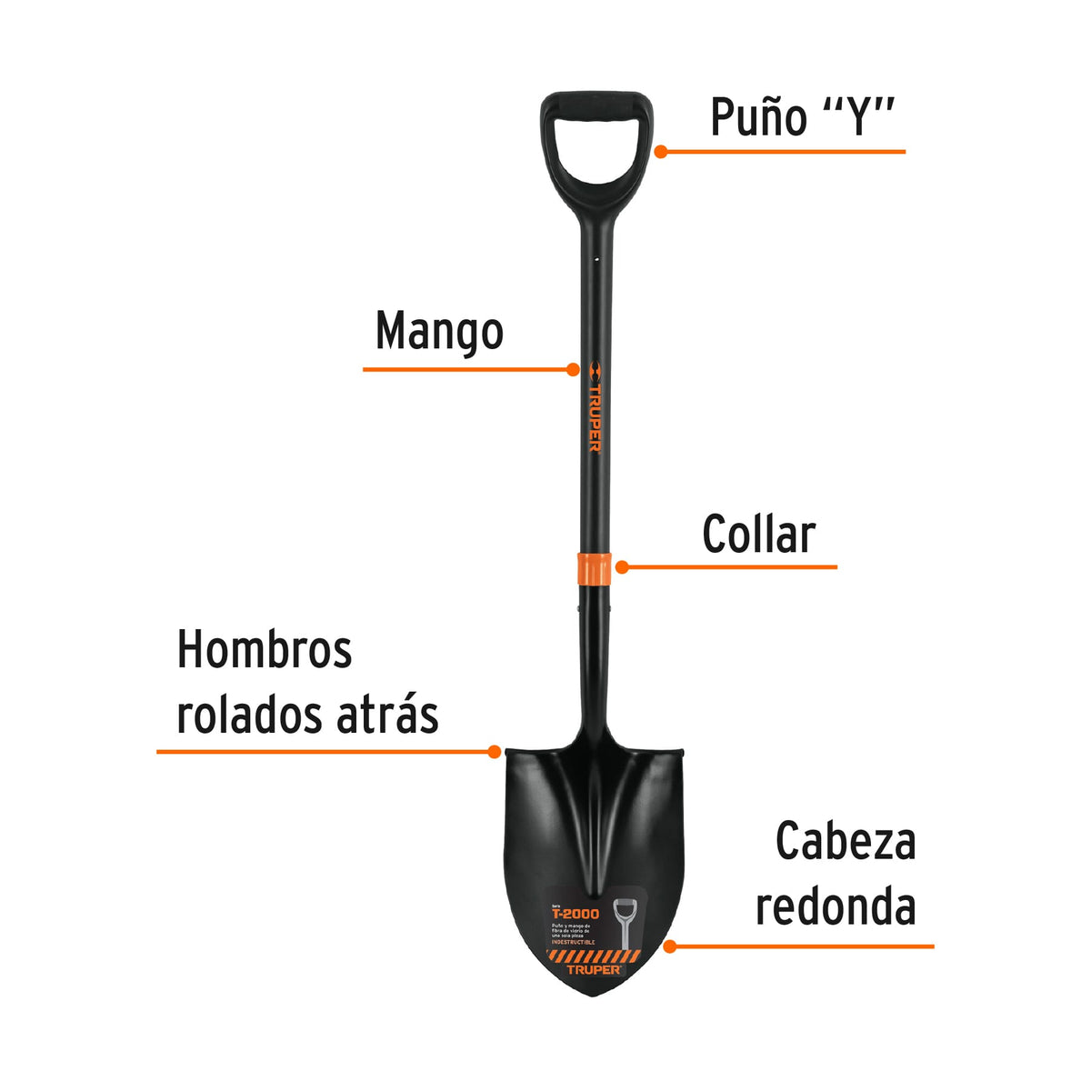 Pala redonda T-2000, puño 'Y' mango fibra de vidrio, TRUPER, Truper, SKU 102458 — vista 3