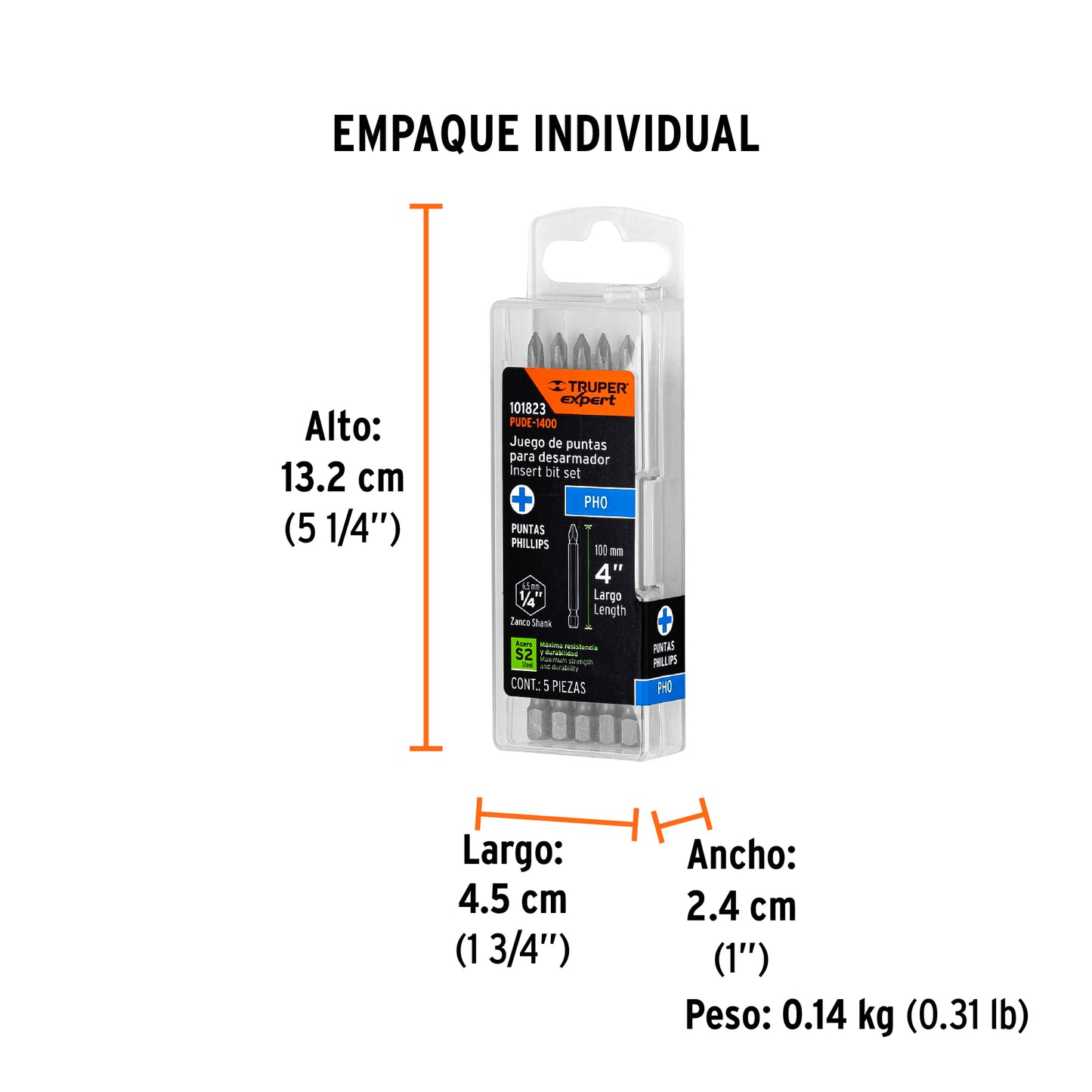 Estuche con 5 puntas de cruz PH0 largo 4', TRUPER EXPERT, Expert, SKU 101823 — vista 5