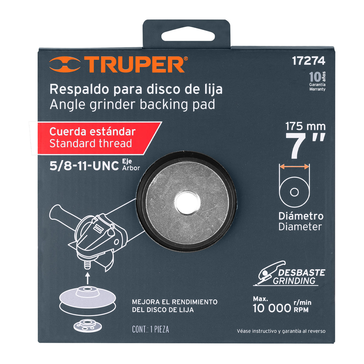 Respaldo para discos de lija 7' eje 5/8 TRUPER — foto oficial 2