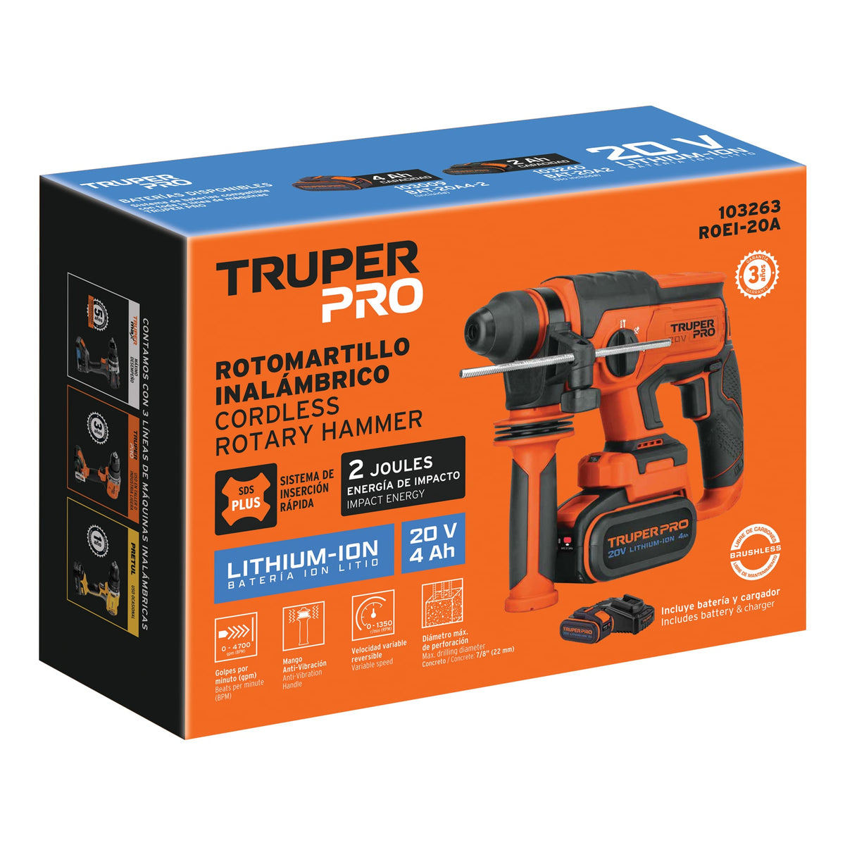 Rotomartillo SDS Plus/destornillador 20V, 2 J, 1 batería 4Ah, Truper, SKU 103263 — vista 2