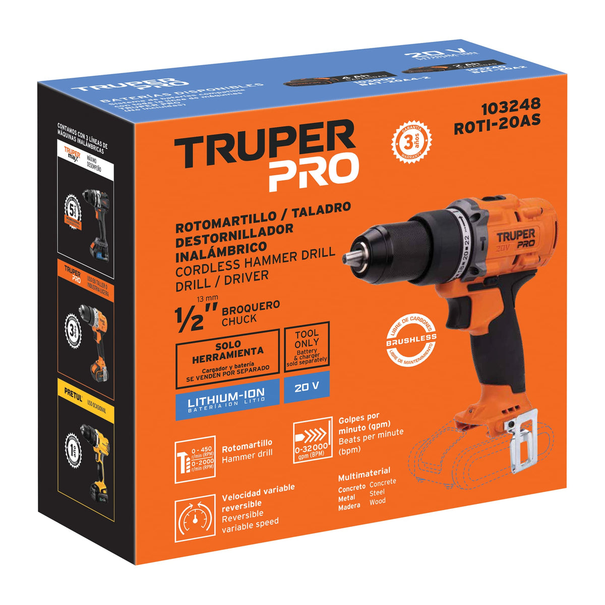 Rotomartillo/destornillador 1/2', 20V, sin accesorios, PRO, Truper, SKU 103248 — vista 2