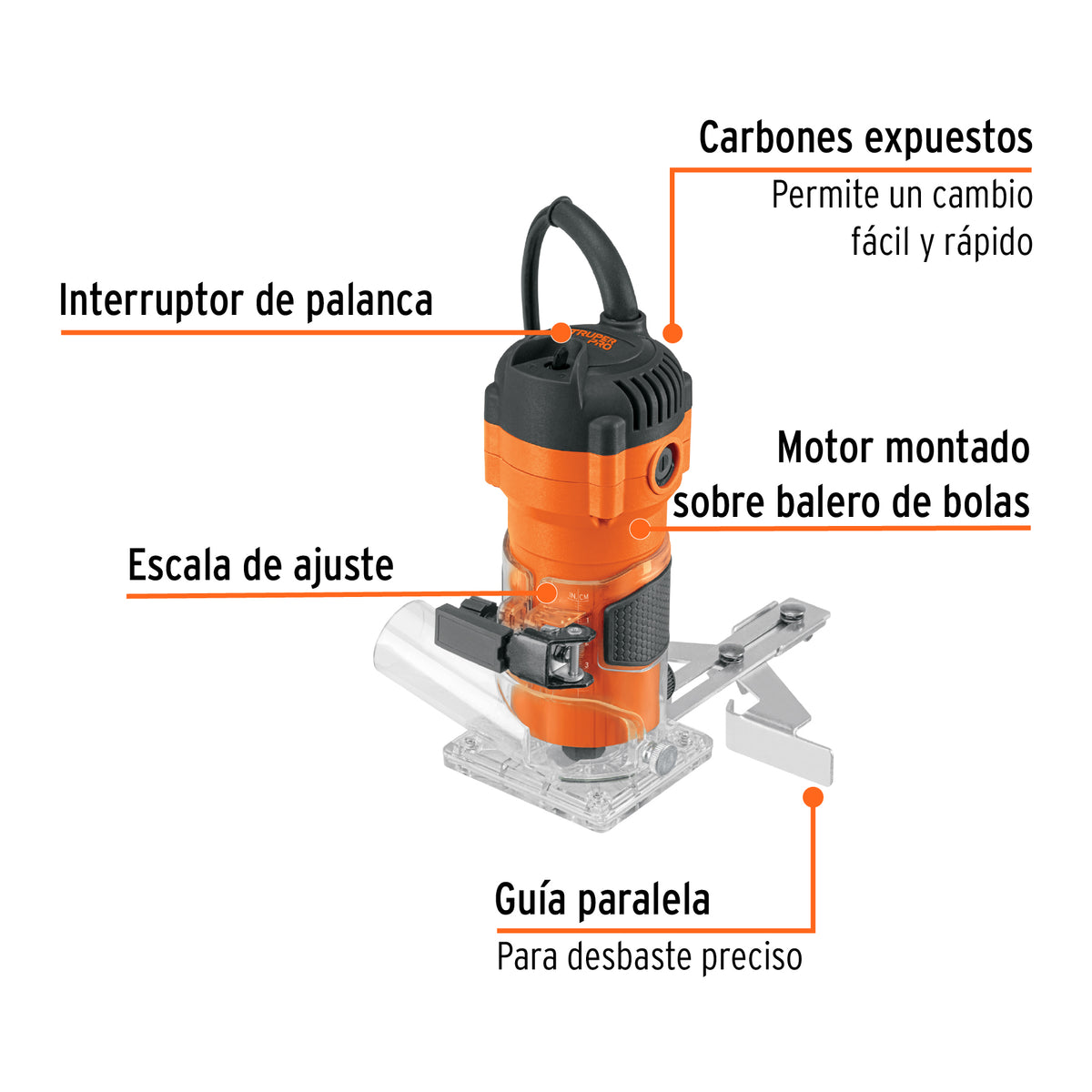 Router (rebajadora) compacto 600 W, 3/4 HP, TRUPER PRO, Truper, SKU 102379 — vista 3